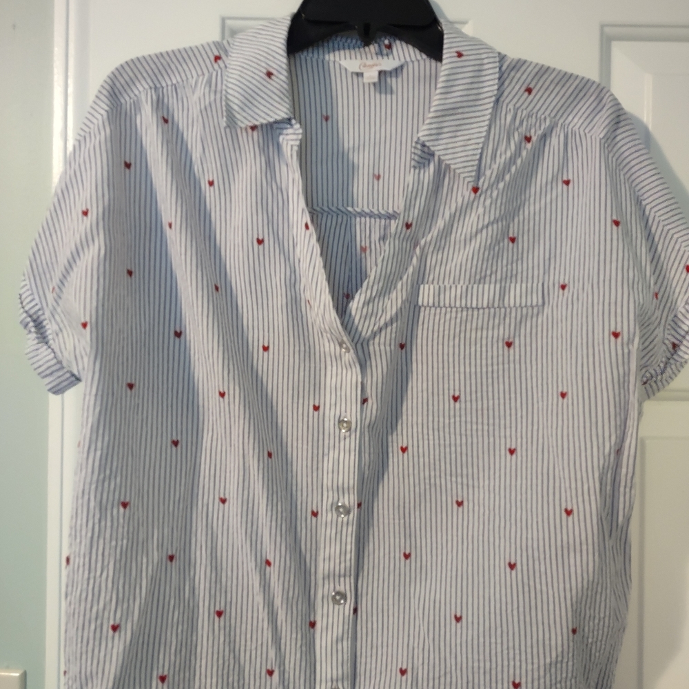 Candies heart pin stripe button tab top size Large